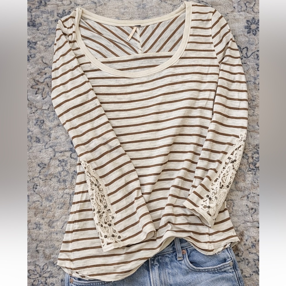 Free People Boho Lace Sleeve Striped Top Cream Soft Girl Indie long sleeved Tee
